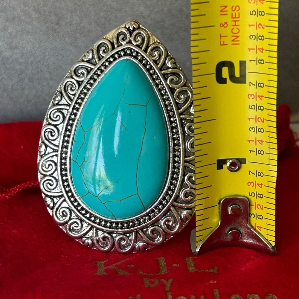 Vintage Kenneth Jay Lane Turquoise  Teardrop Stone Silver-Tone Cuff Bracelet - Picture 7 of 8